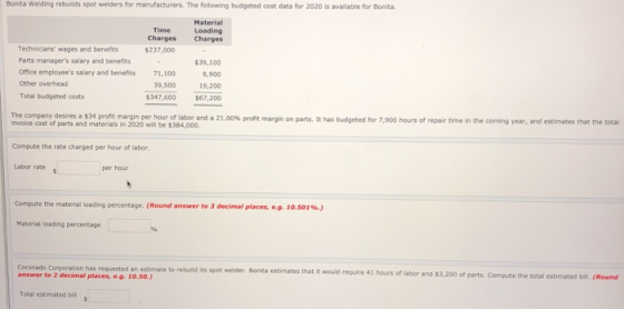 Bonita Welding rebuilds spot welders for manufacturers. The following budgeted cost data for 2020 is available for Bonita Tim