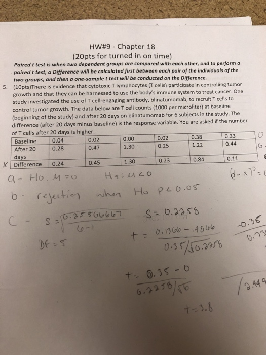 HW#9 - Chapter 18 (20pts for turned in on time) Paired t test is when two dependent groups are compared with each other, and