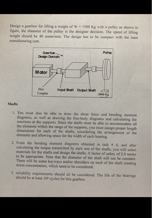 Design a gearbox for lifting a weight of W - 1500 Kg with a pulley as shown in figure, the diameter of the pulley is the desi