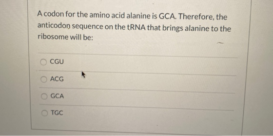A codon for the amino acid alanine is GCA. Therefore, the anticodon sequence on the tRNA that brings alanine to the ribosome
