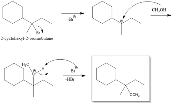 CH3OH -Br Br 2-cyclohexyl-2-bromobutane H3C -HBr OCH3