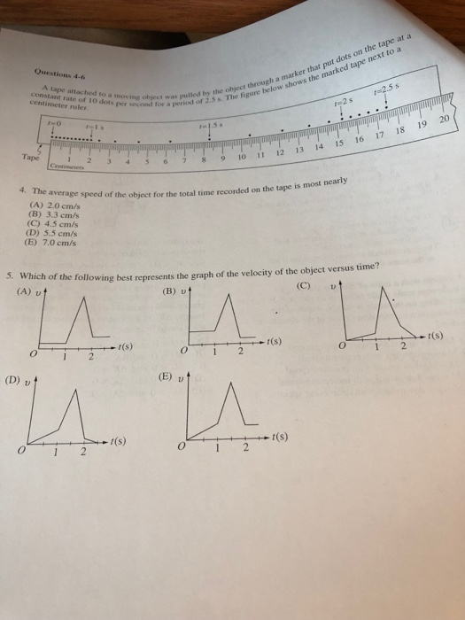 Questions 4-6 next to a that put dots on the tape at a fis Was pulled by the object through a marker pericsd of 2.s s. The figure below shows ked tape centimeter ruler secon to2 s 2.5s Tape Centimeters 10 11 12 13 14 15 16 17 18 19 se speed of the object for the total time recorded on the tape is most nearly (A) 2.0 cm/s (B) 3.3 cm/s (C) 4.5 em/s (D) 5.5 cm/s (E) 7.0 cm/s 5. Which of the following best represents the graph of the velocity of the object versus time? (A) ut (B) D 2 (s) ● r(s) (D) v 2 (s)