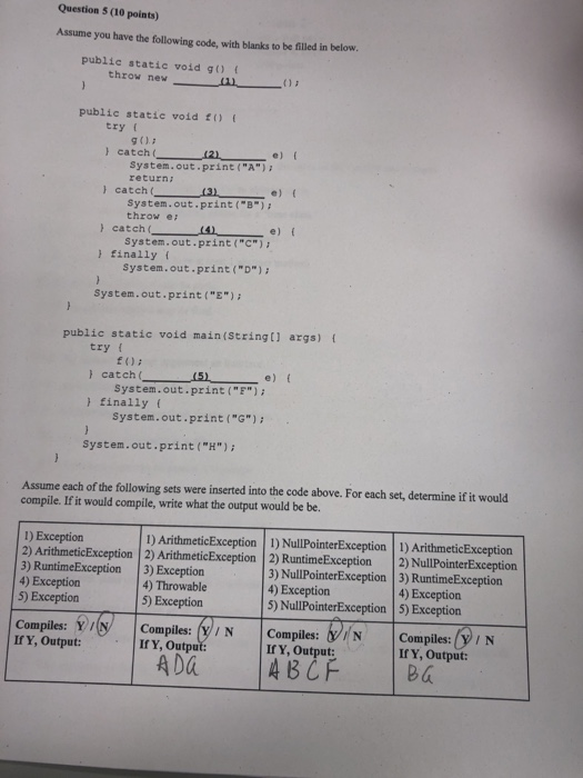 Question 5 (10 points) Assume you have the following code, with blanks to be filled in below. public static void g () ( throw