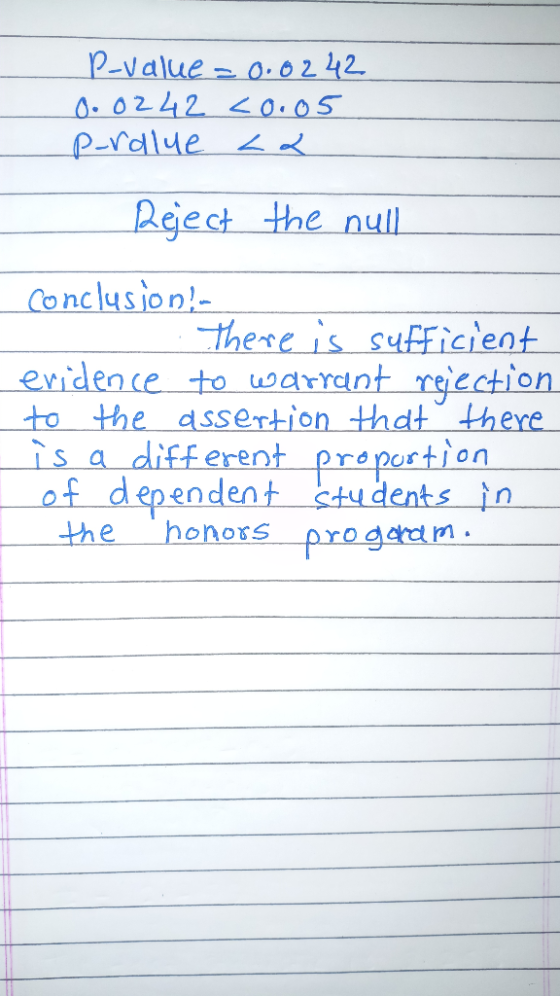 Pvalue-0.0 2 42 0.0242 20.05 P-rdlue Reect the nullL Conclusion- there is sufFicient eridence to warrant rgiection to the dss