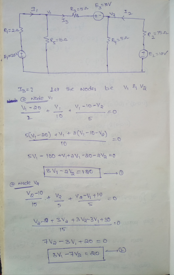 Il Rz=50 E=100 + Iz = 152 R=lor Ry=52 I E = 10v E=on Nodes be V & va Iz=? let the Node vi cete V V V, -10-18 + 2 (V-10-v2) 5(