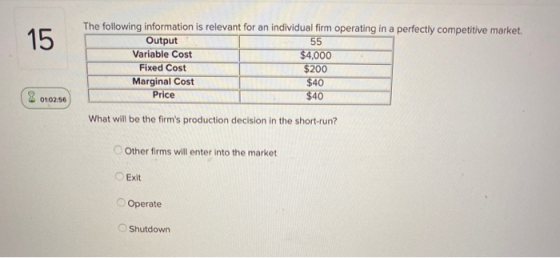 The following information is relevant for an individual firm operating in a perfectly competitive market. Output 55 Variable