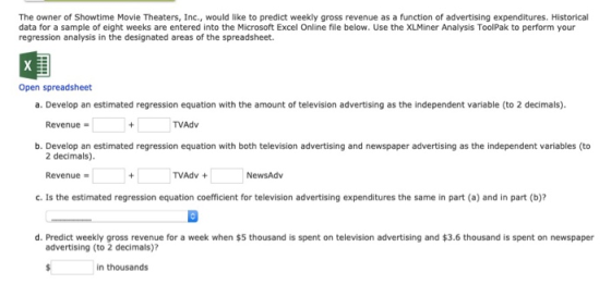 The owner of Showtime Movie Theaters, Inc., would like to predict weekly gross revenue as a function of advertising expenditu