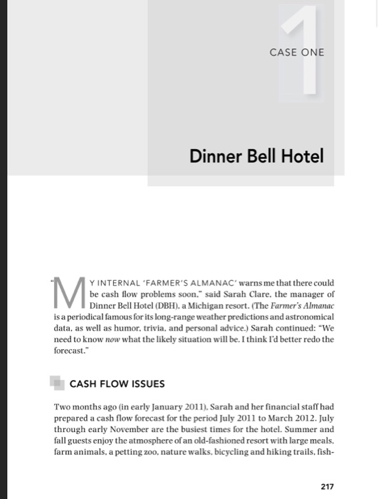 CASE ONE Dinner Bell Hotel INTERNAL FARMERS ALMANAC warns me that there could be cash flow problems soon. said Sarah Clar