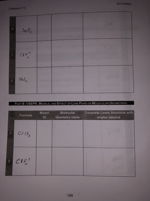 2019 Edition Chemistry 11 IL Sela PART B: VSEPR, MODELS, AND EFFECT OF LONE PAIRS ON MOLECULAR GEOMETRIES Formula Model ID Mo