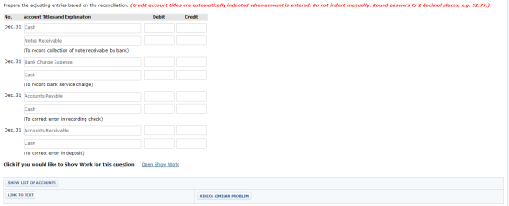 Prepare the adjusting entries based on the reconciliation. (Credit account titles are automatically indented when amount is e