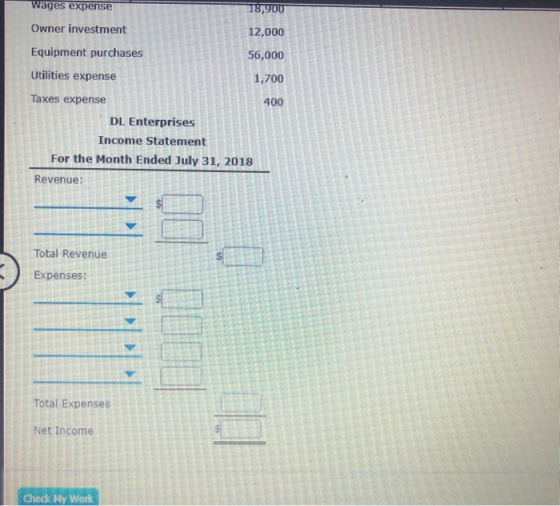 Wages expense 18,900 Owner investment 12,000 Equipment purchases 56,000 Utilities expense 1,700 400 Taxes expense DL Enterpri