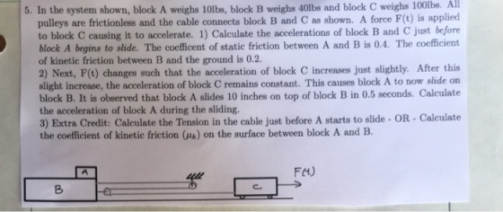 5. In the system shown, block A weighs 10lbs, block B weighs 40lbs and block C weighs 100lbs. Ail pulleys are frictionless and the cable connects block B and C as shown. A force F(t) is applied to block C causing it to accelerate. 1) Calculate the accelerations of block B and C just before block A begins to slide. The coefficent of static friction between A and B is 0.4. The coefficient of kinetic friction between B and the ground is 0.2. 2) Next, F(t) changes such that the acceleration of block C increases just slightly. After this slight increase, the acceleration of block C remains constant. This causes block A to now slide on block B. It is observed that block A slides 10 inches on top of block B in 0.5 seconds. Calculate the acceleration of block A during the sliding. 3) Extra Credit: Calculate the Tension in the cable just before A starts to slide - OR - Calculate the coefficient of kinetic friction (uk) on the surface between block A and B.