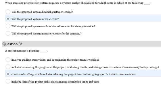 When assessing priorities for systems requests, a systems analyst should look for a high score in which of the following Will