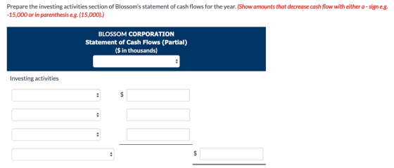 Prepare the investing activities section of Blossoms statement of cash flows for the year. (Show amounts that decrease cash