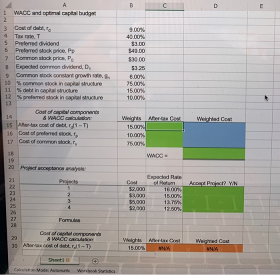 B с D E A 1 WACC and optimal capital budget 2. 3 Cost of debt, ra 4 Tax rate, T 5 Preferred dividend 6 Preferred stock price,