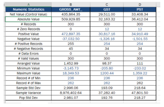 в GROSS AMT 435,864.35 509.929.85 300 Numeric Statistics Net Value (Control Value) Absolute Value # Records # Zero Records Po