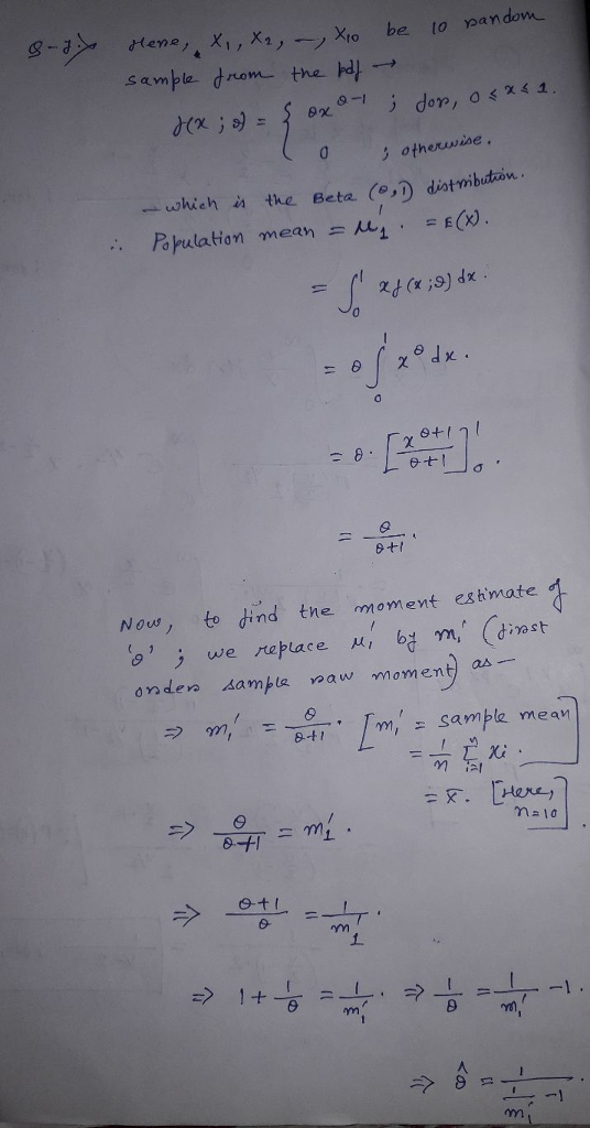 tiene, X1, X2 sample drome the → 9-I otherwise wkich the Beta (, distmibuton Brulation mea . = E(x) θ+1 to dind tne moment eshmate we replace μ, b m (direst Now, (, θ , onden Aample vaw moment &-A 1.