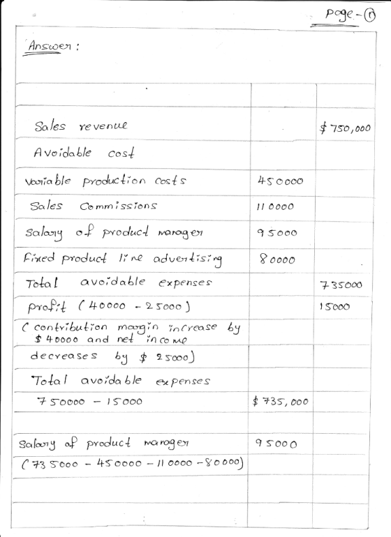 Sales re venue 7So,000 A vo ida ble cost voonia ble production Cost s Sales Commissions 1 000O Fied product le adventisirq Totalavoidable expenses O000 40000-25000 I SooO contyibution m s 4000 and net inco decreases b Tota avoida ble expense.s 35, coo Salory aP poduct a roge