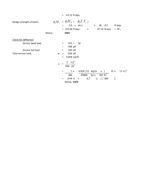 67.13 ft-kips Design strength of beam 0.9x 44.2 x 36 /12t-kips 67.13 ft-kipsM -119.34 ft-kips SAFE Hence Check for deflection