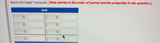 Post to the ledger T-accounts. (Post entries in the order of journal entries presented in the question.) Cash