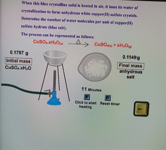 When this blue crystalline solid is heated in air, it loses its water of crystallization to form anhydrous white copper(II) s