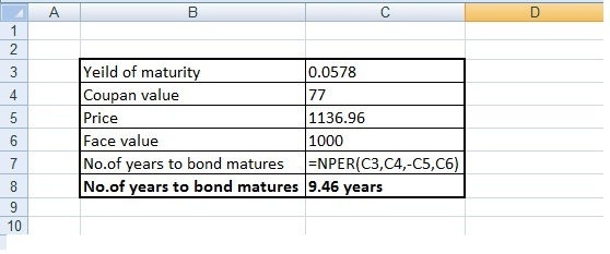 B Yeild of maturity 0.0578 Coupan value 77 Price 1136.96 Face value 1000 No.of years to bond matures =NPER(C3,C4,-C5, C6) No.
