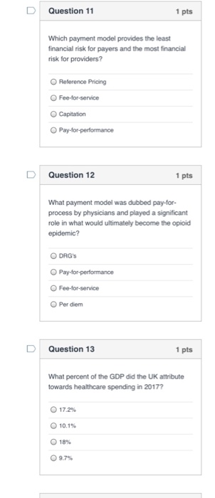 Question 11 1 pts Which payment model provides the least financial risk for payers and the most financial risk for providers?