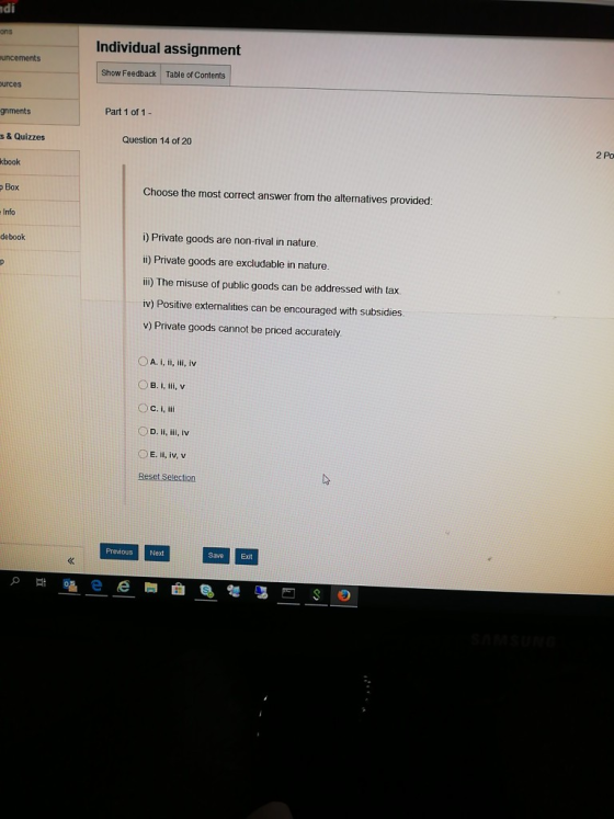 adi ons Individual assignment wuncements Show Feedback Table of Contents ources gnments Part 1 of 1 - s & Quizzes Question 14