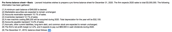 Pro forma balance sheet-Basic Leonard Industries wishes to prepare a pro forma balance sheet for December 31, 2020. The firm