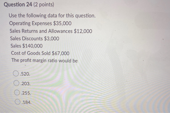 Question 24 (2 points) Use the following data for this question. Operating Expenses $35,000 Sales Returns and Allowances $12,