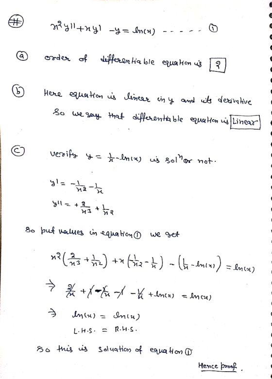 yllthyl -y = ln (4) ... . 0 @ Order of differentia ble que hom uis ?) Here equation is liseur ing and uts derivative So we sa