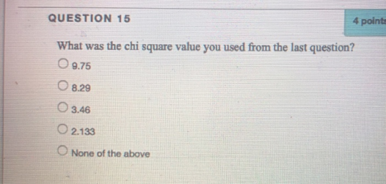 QUESTION 15 4 point What was the chi square value you used from the last question? O 9.75 8.29 O 3.46 02.133 None of the abov