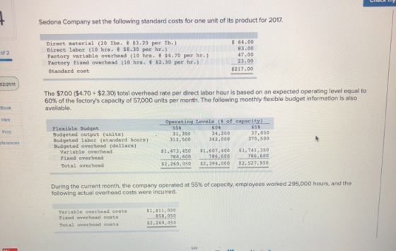 Sedona Company set the following standard costs for one unit of its product for 2017 Direct material (20 Tbs. $3.20 per Ib.)