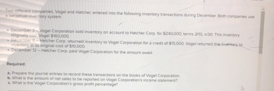 Two different companies, Vogel and Hatcher, entered into the following inventory transactions during December Both companies
