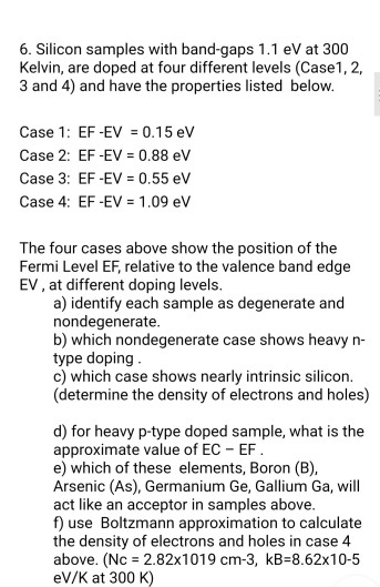 6. Silicon samples with band-gaps 1.1 eV at 300 Kelvin, are doped at four different levels (Case1, 2, 3 and 4) and have the p