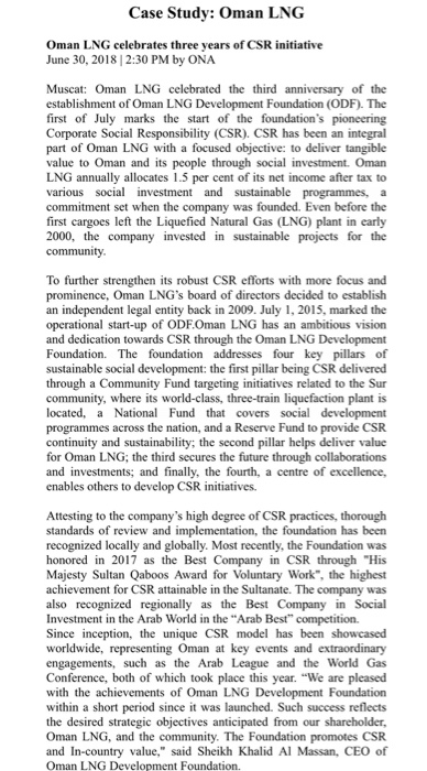 Case Study: Oman LNG Oman LNG celebrates three years of CSR initiative June 30, 2018 2:30 PM by ONA Muscat: Oman LNG celebrat