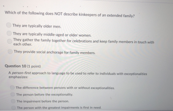 Which of the following does NOT describe kinkeepers of an extended family? They are typically older men. They are typically m