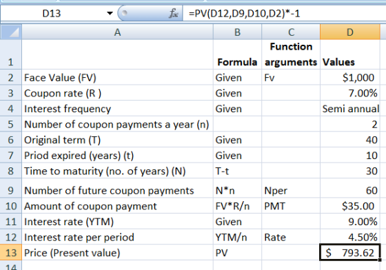 D13 a =PV(D12,09,D10,D2)*-1 B C Function 1 Formula arguments Values 2 Face Value (FV) Given Fv $1,000 3 Coupon rate (R) Given