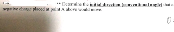 Determine the inital direction (conventional angle that a negative charge placed at point A above would move.