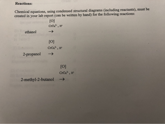 Reactions: Chemical equations, using condensed structural diagrams (including reactants), must be created in your lab report