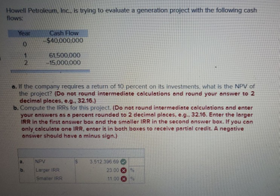 Howell Petroleum, Inc., is trying to evaluate a generation project with the following cash flows: Year Cash Flow -$40,000,000