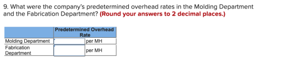 9. What were the companys predetermined overhead rates in the Molding Department and the Fabrication Department? (Round your
