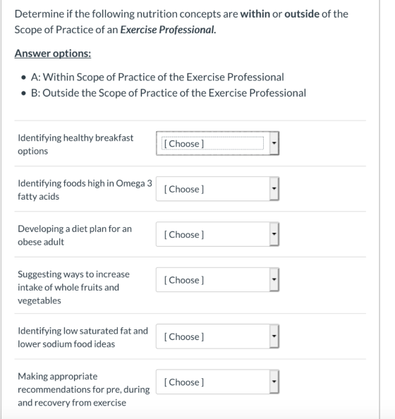 Determine if the following nutrition concepts are within or outside of the Scope of Practice of an Exercise Professional. Ans
