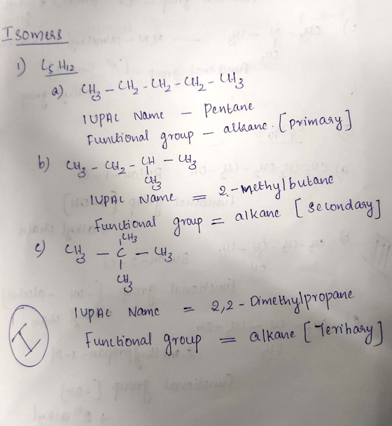 who Isomers 1 l H2 a) Clly - CH - CH, - Ulty - U13 TUPAL Name - Pentane Functional group - alkanc. (primary] b) City - CH₂ -