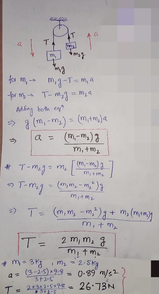 al Time mitma for m, m, g-T=m, a for My T-M₂g = mza Adding both eqin => g (m,-m2) = (mitm)a a = (m, -M₂) g m, tm2 # T-mag= m.