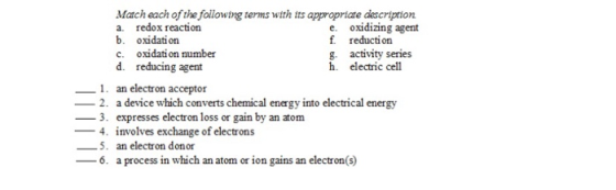 Mach each of the following terms with its appropriate description a. redox reaction e oxidizing agent b. oxidation f reductio