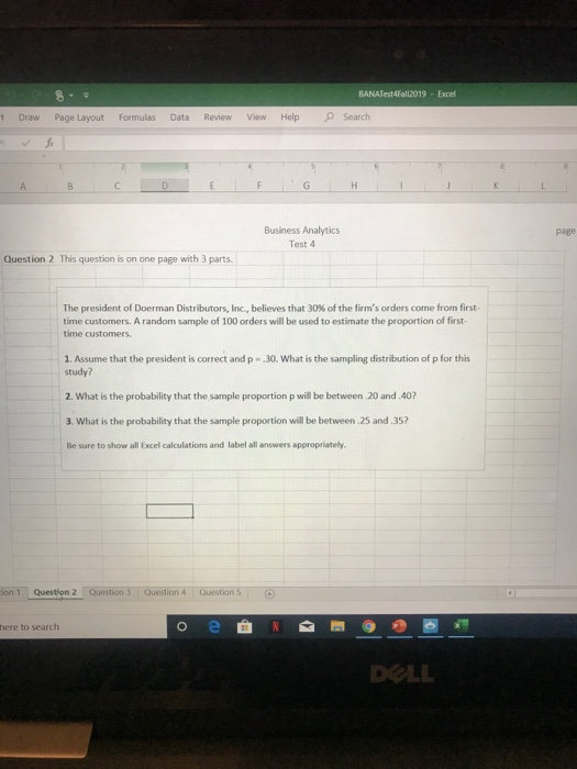 BANATest4FallI2019 Excel p Search Draw Page Layout Formulas Data Review View Help D E G H A B C Business Analytics page Test
