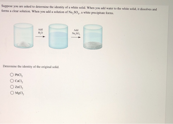 Suppose you are asked to determine the identity of a white solid. When you add water to the white solid, it dissolves and for