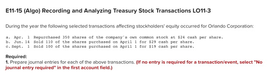 E11-15 (Algo) Recording and Analyzing Treasury Stock Transactions LO11-3 During the year the following selected transactions