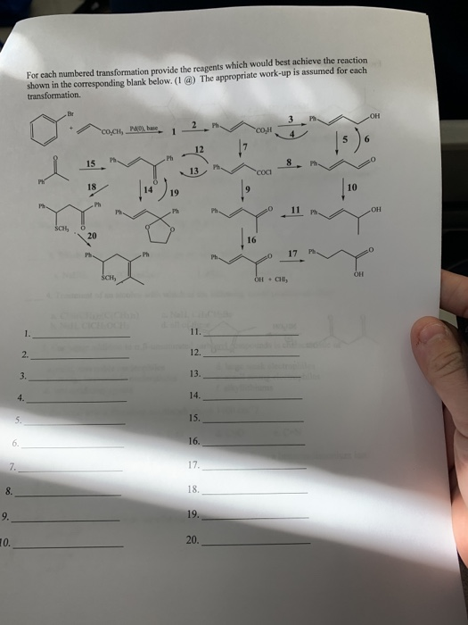 For each numbered transformation provide the reagents which would best achieve the reaction shown in the corresponding blank